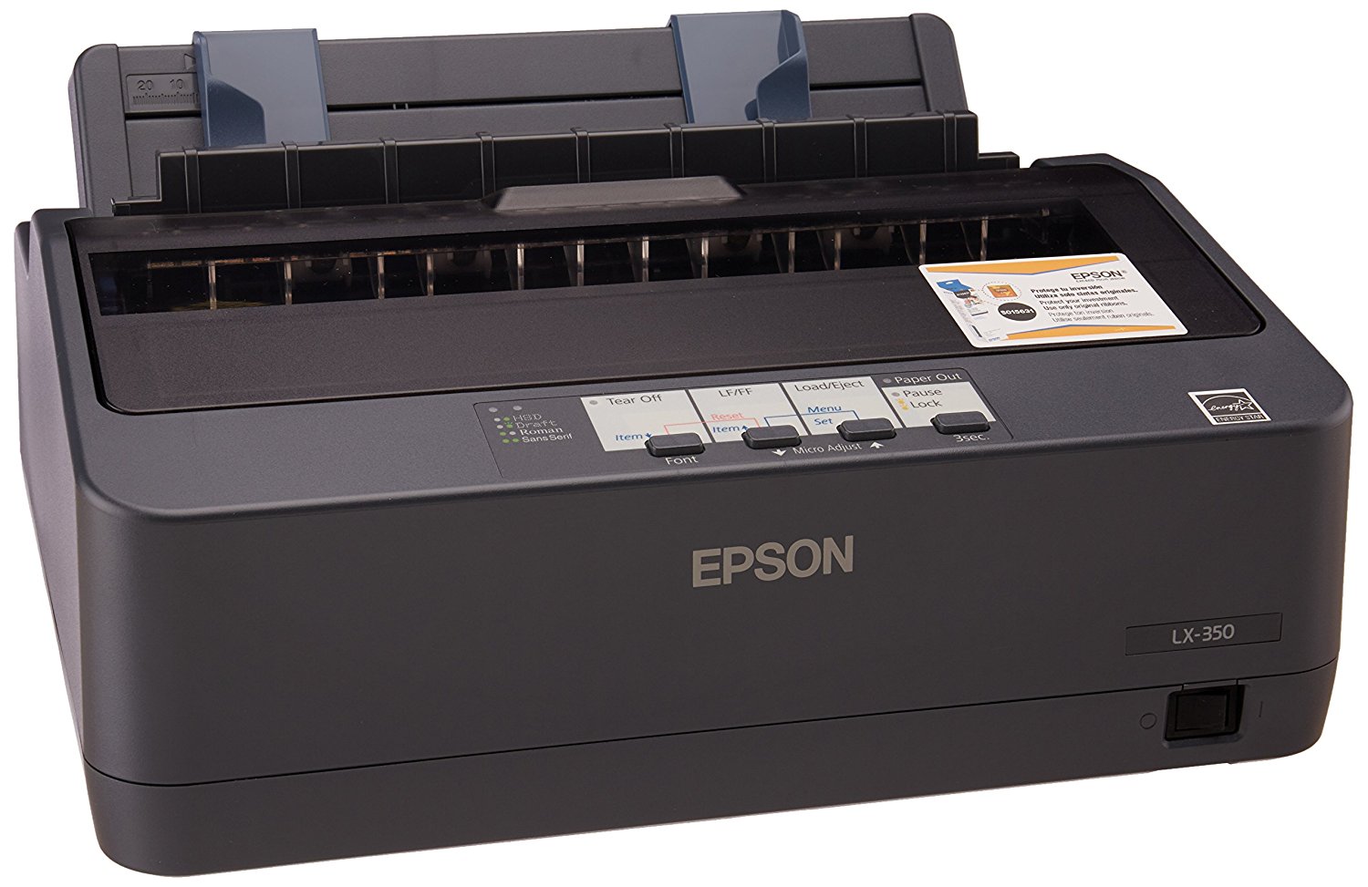 Product image - Epson LX350 Dot Matrix Printer: 9Pin/347 cps/Text Mode/1+4 printing/Bi-Directional/400million strike head
life/10,000 POH